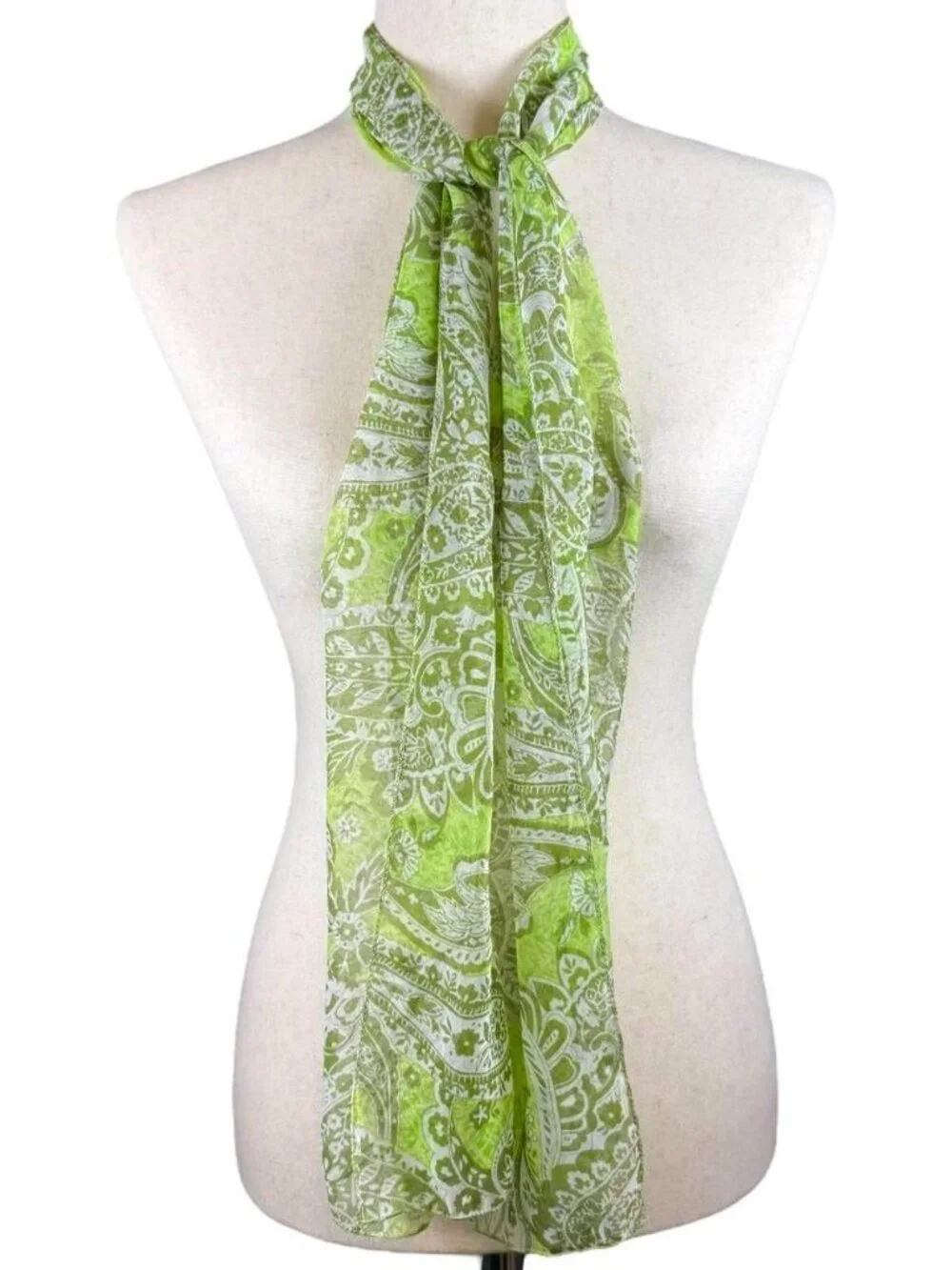 vintage semi-sheer scarf with green paisley print
